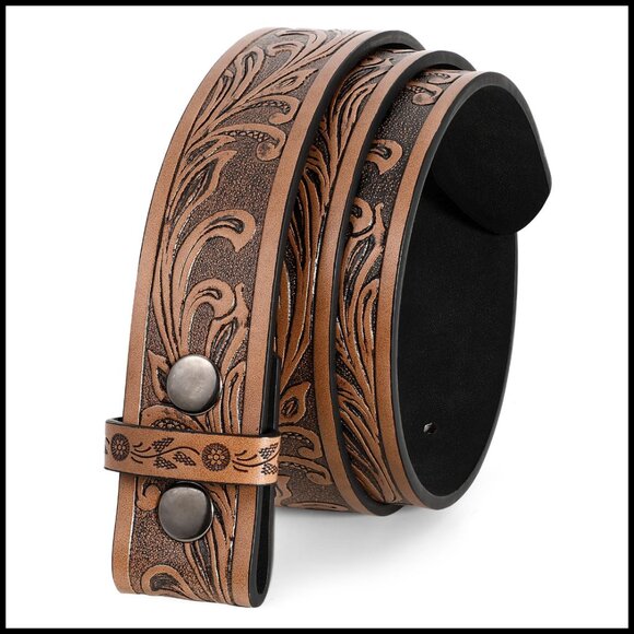 Accessories - Western Leather Belt Strap Floral Embossed Faux Leather Snap Closure